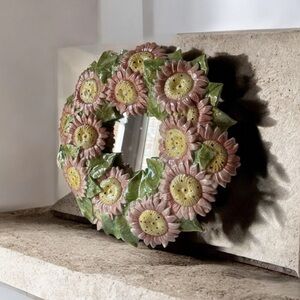 Floral Sunflower Wall Mirror - Pink and Green majolica ceramic artist mirror